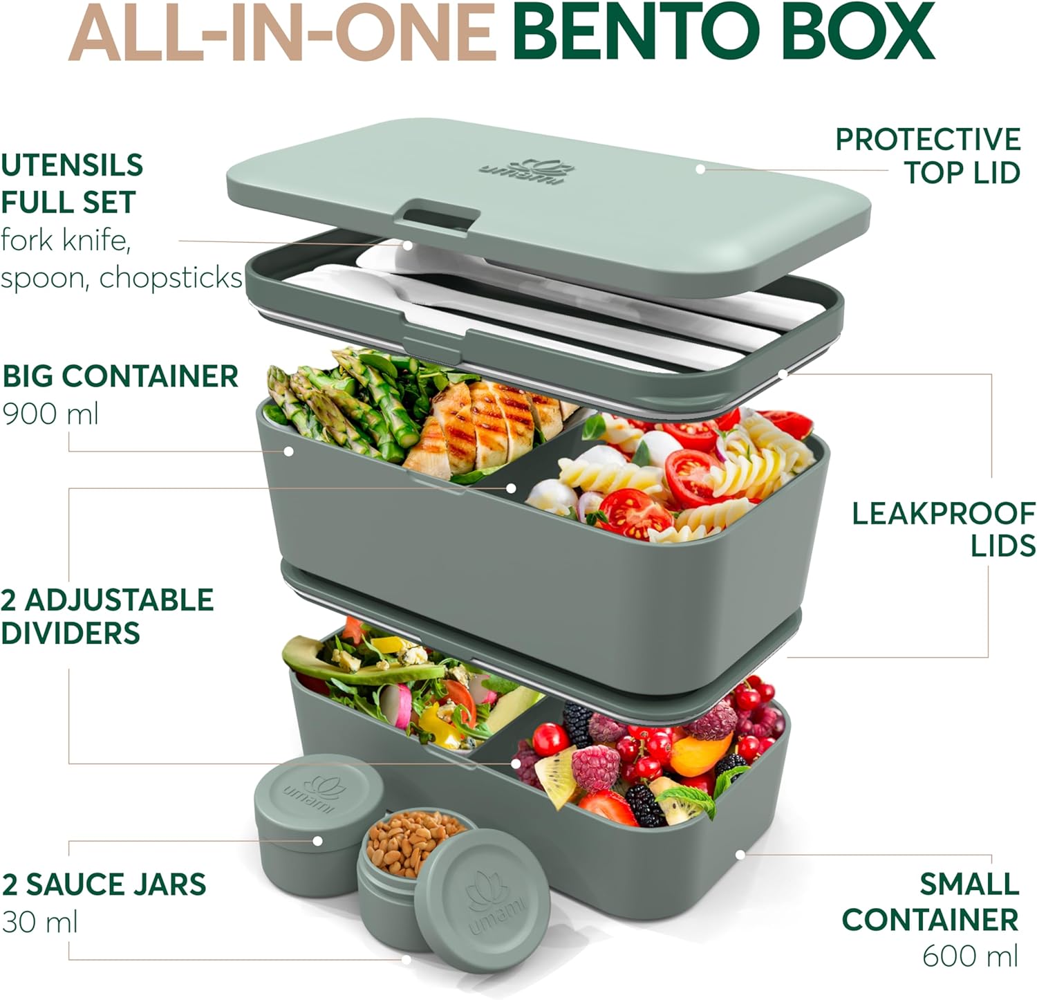 Boîte à bento emboîtable Vert Ardoise (1500 ML)