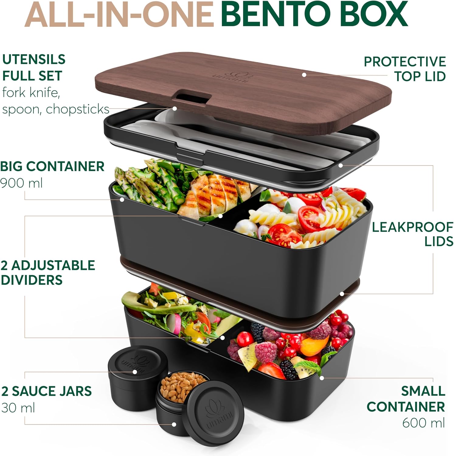 Boîte à Bento Nestable Noyer Noir (1500 ML)