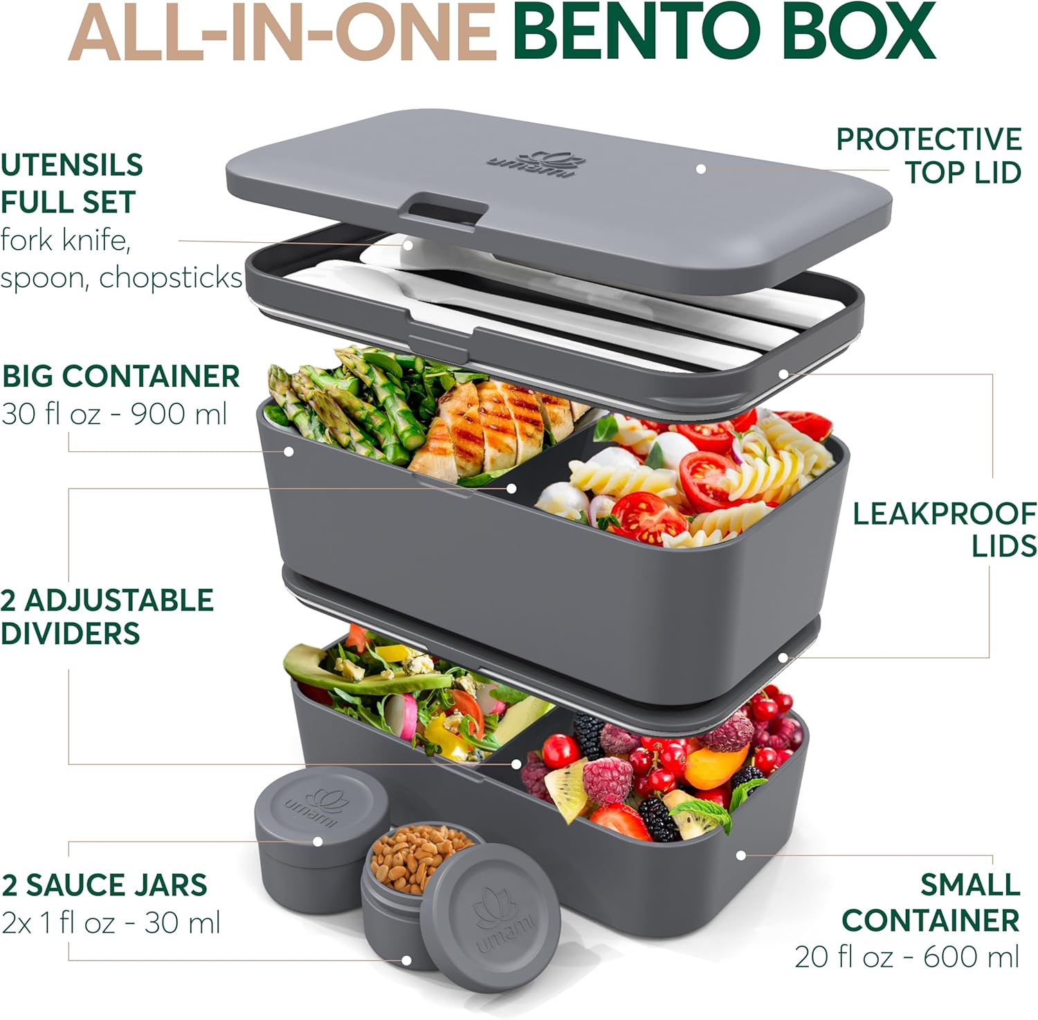 Boîte à bento Nestable Gris Carbone (50oz)
