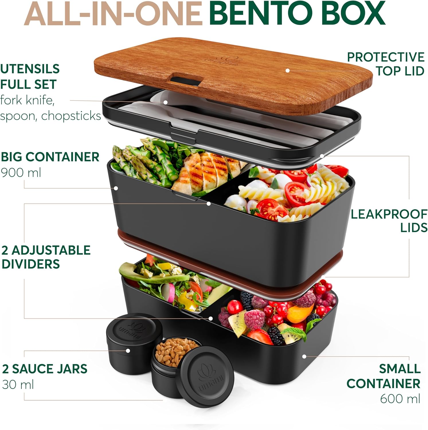 Boîte à Bento Nestable Sapele Noir (1500 ML)