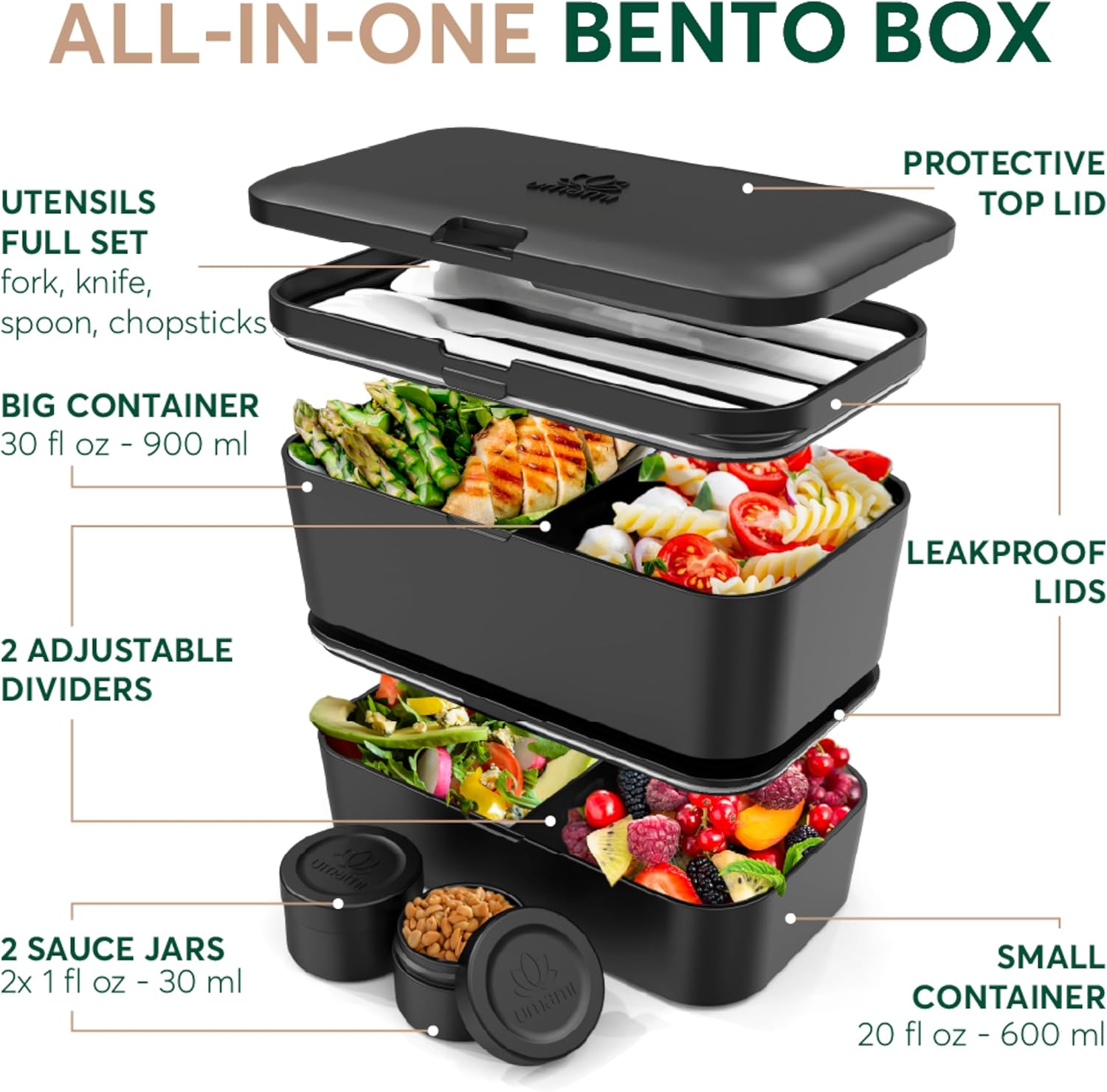 Boîte à bento Nestable Onyx Noir (51 oz)