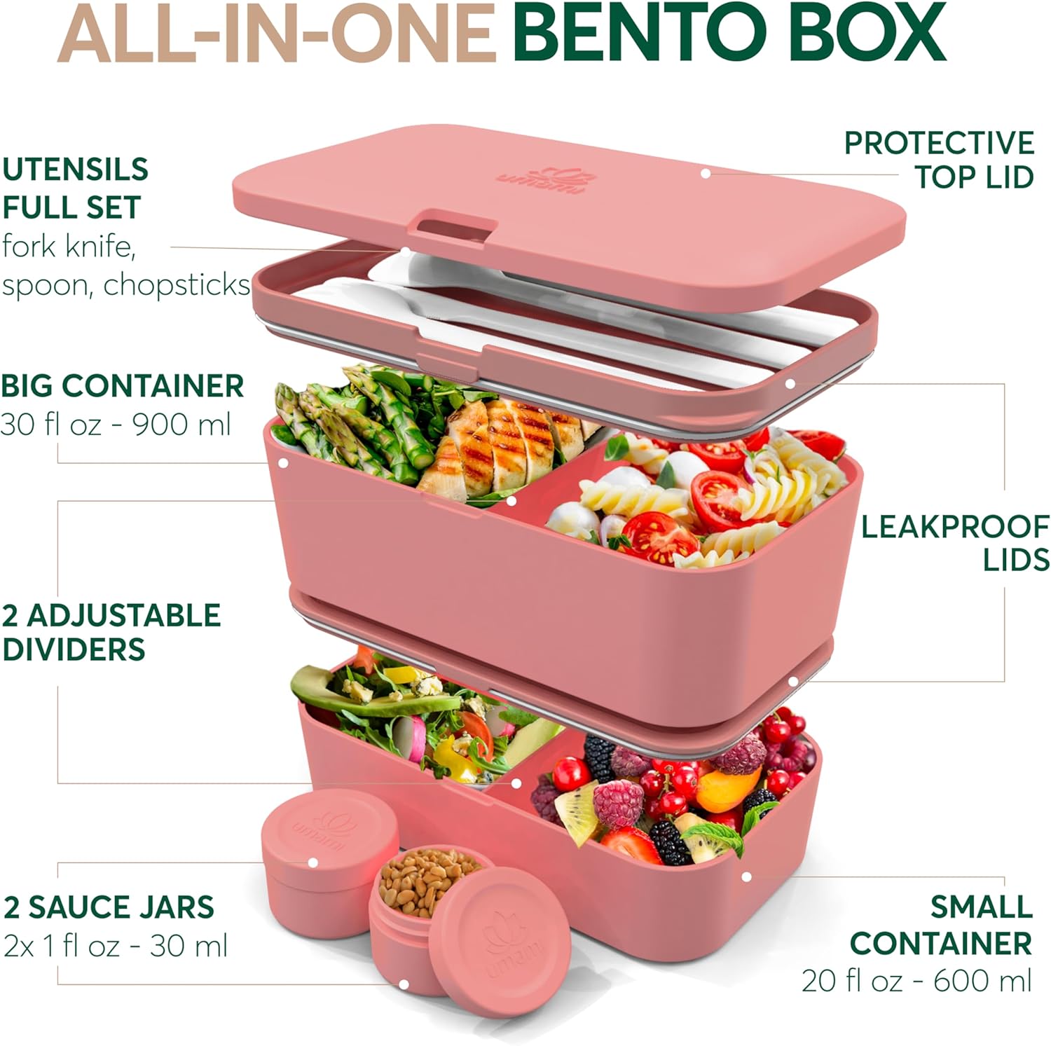 Boîte à bento Nestable Rose Corail (1500 ML)