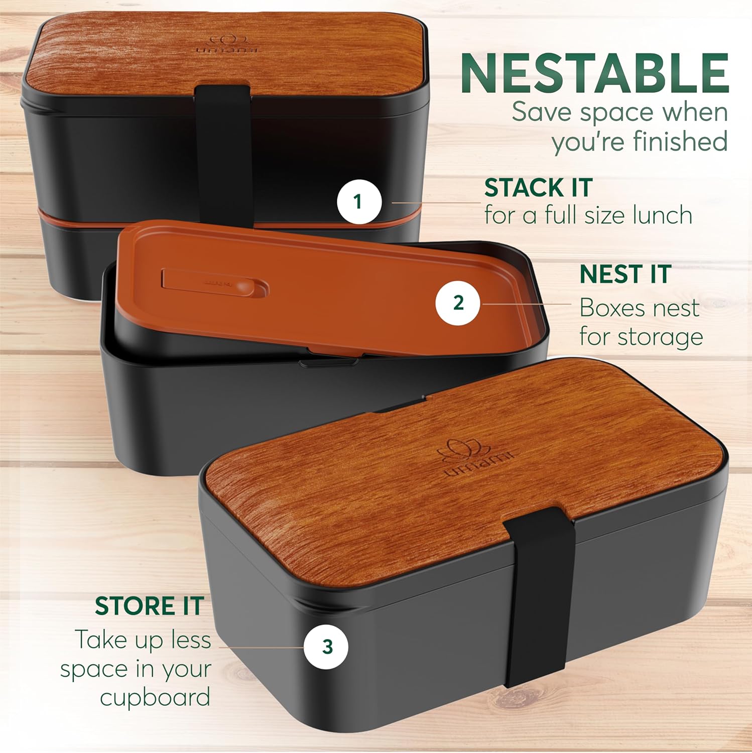 Boîte à Bento Nestable Sapele Noir (1500 ML)