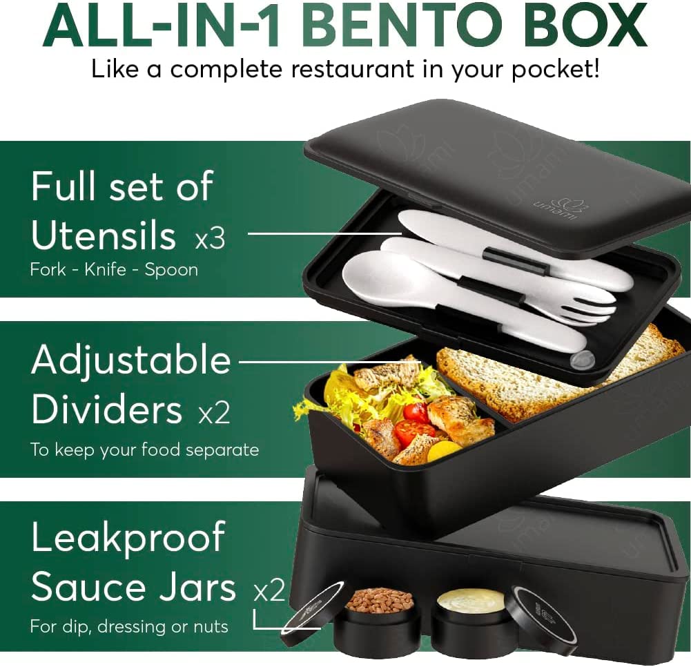 Umami Bento Lunch Box, 2 Pots à Sauce & Couverts en Bois Inclus