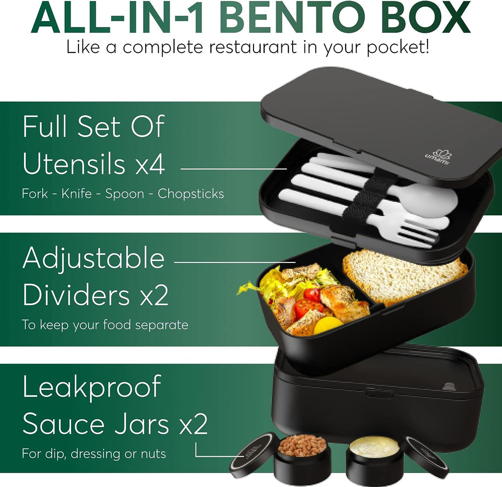 Umami - All-in-1 Bento Box 8 PC Lunch Box Kit with Utensils Black Bamboo  New