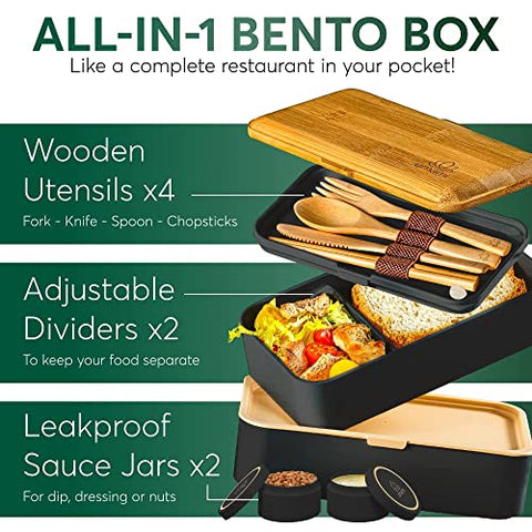 UMAMI All-in-1 Bento Box Adult Lunch Box with cutlery set (40oz) - Black and Bamboo